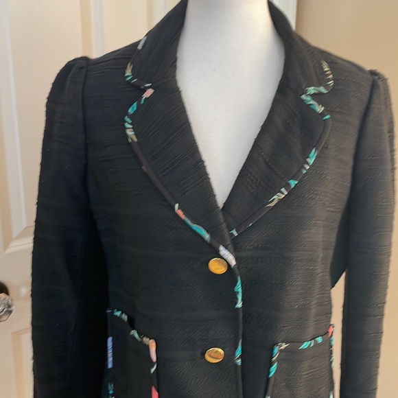 Kate Spade puff sleeve cotton blazer - black/multi floral color trim - size 10. - Picture 2 of 7